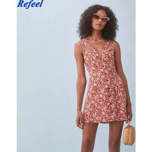 Summer Women V Neck Vintage Mini Dresses Floral Print Sleeveless Elegant Dress Ladies Buttons Up Chic Dress Vestidos