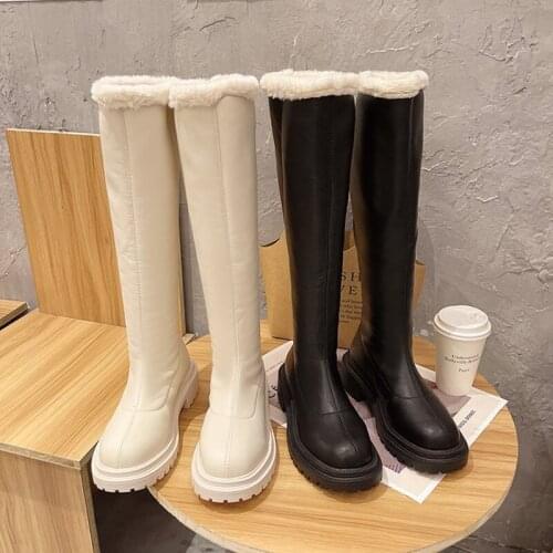 Winter Long wool fur chelsea boots women round toe chunky high heels knight botas zipper thin legs knee-high botines mujer 2021