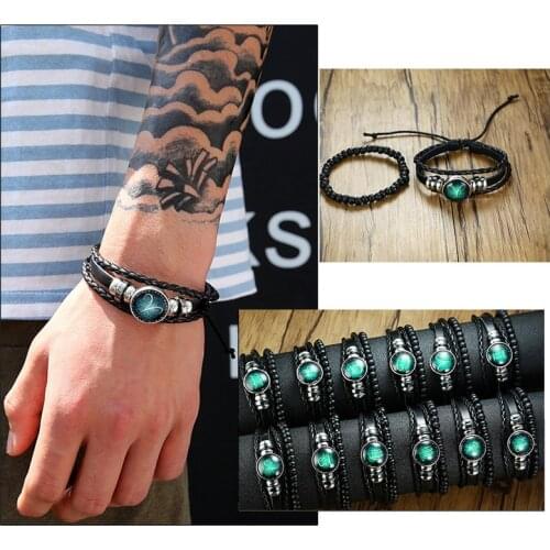2Pcs/Set Aries Horoscope Multi-layer Leather Bracelet Men Women 12 Constellations Unisex Gift Accessories