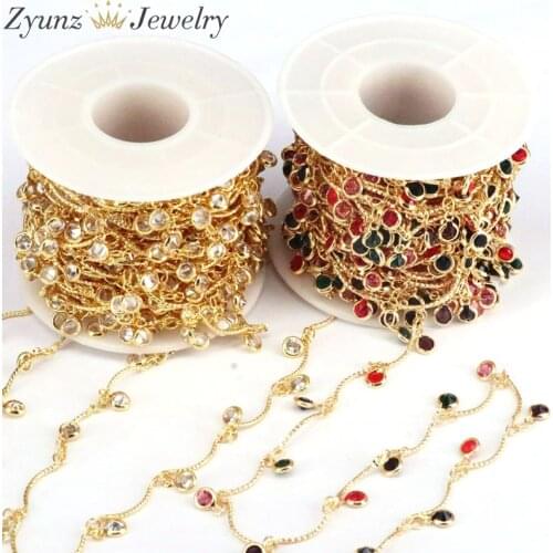 5 Meters, ​Gold color with clear / rainbow cz link chain, cubic zirconia micro pave rosary chain, cz jewelry component