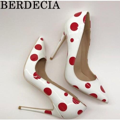 Patent Leather Red Spot Sandals Stiletto High Heel Pointed Toe Slip-On Mule Sandals BERDECIA Designer Shoes Woman Size 35-43