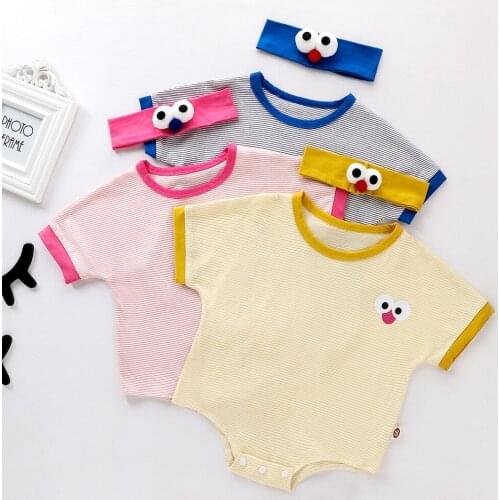 Baby Summer Cotton Romper Newborn Stripe Short Sleeved Jumpsuit Bodysuit Baby Boy Girl One Piece Casual Clothes+ Headband 2 Set