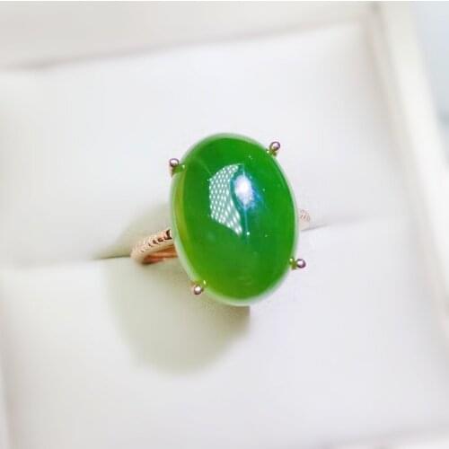 Per jewelry Natural real green jade simple style ring Free shipping 12*16mm 13ct gemstone 925 sterling silver Q204295
