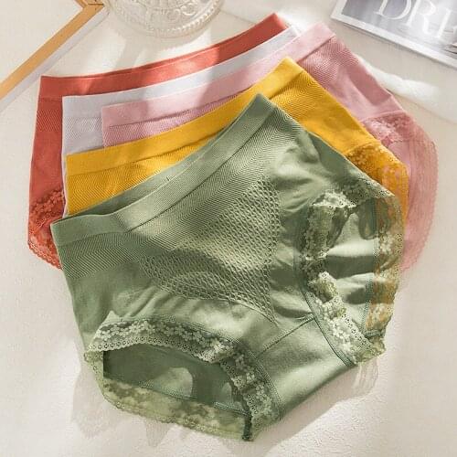 Cotton Panties Underwear Women New Sexy Lace Mid Waist Soft Underpants Seamless Honeycomb Womens Briefs Female Lingerie