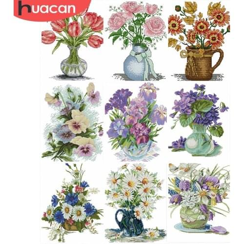 HUACAN DIY Cross Stitch Flower 11CT 14CT Kit Embroidery Needlework Sets Cross-Stitch Flowers White Canvas Gift Home Decor