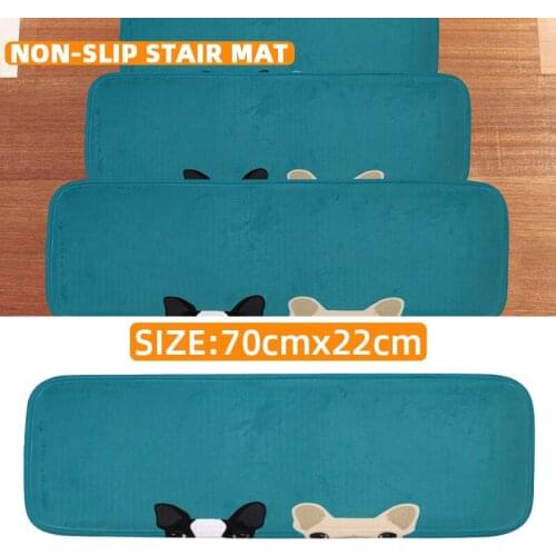 14Pcs Washable PVC Coral Velvet Blue Bottom Puppy Velcro Stair Mat Anti-Slip Soundproof Rug Furniture Decoration 70x22cm