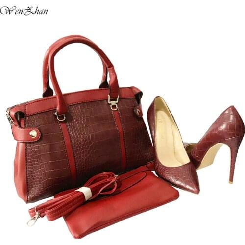 Red Pumps High Heels Womens Wedding Party Shoes Matching Fashion Style Women Hangbag Purse set WENZHAN 36-43 12cm