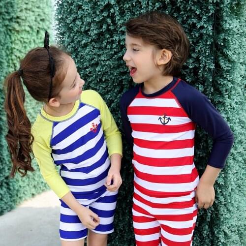 Vivo-biniya Boys Girls Long Sleeve Rash Guard Set Striped Red/Blue Swimming Suit Sun UV Protection Shirt Swimwear