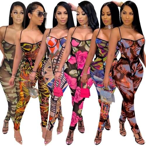 Echoine Summer Printed Strap Jumpsuit Legging Pants Two Piece Set Sexy Skinny Party Club Outfits Camo Printed Matching Set 2021