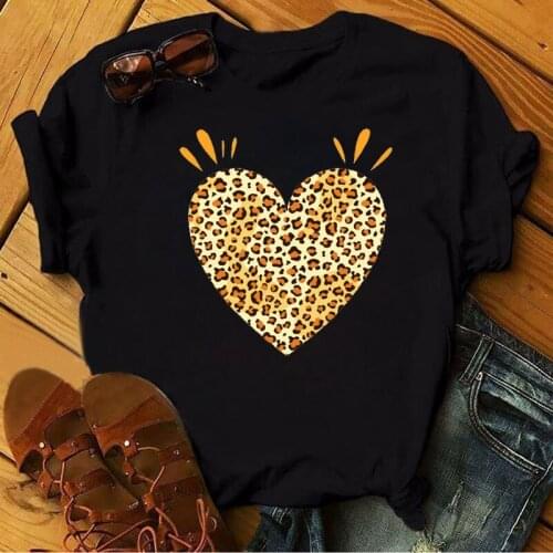 Fashion Women T Shirt New Leopard Heart Printed Tops 90s Ladies Short Sleeve O-neck T-shirt Female Cute Graphic Tee Black Shirts