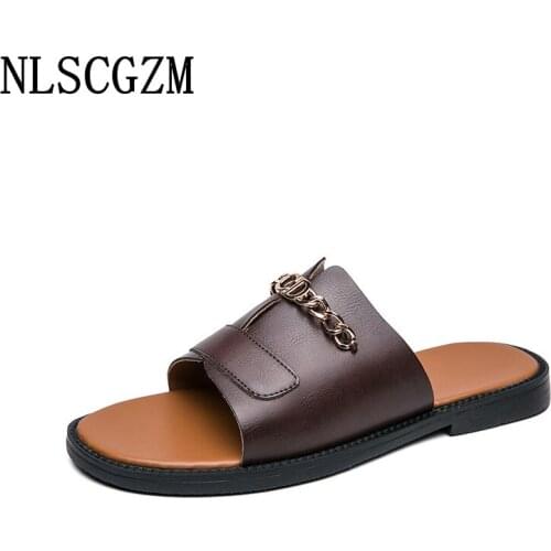 Slippers Men Summer 2021 Men Slippers Leather Slides Luxury Designer Brand Beach Shoes Slippers for Men Casual Zapatos De Hombre