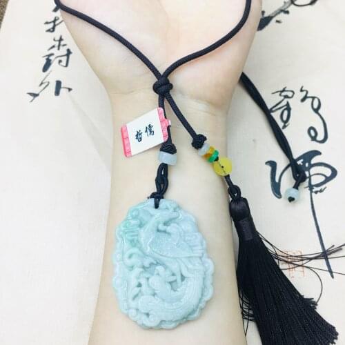 Natural Burmese Emerald Jade Carving Phoenix Pendant with Hand-knitted Tassel Necklace Elegant Ladies' Sweater Chain