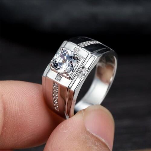 Luxury Crystal White Zircon Ring Punk Men Classic Engagement Ring Vintage Silver Color Wedding Rings For Men Round Stone Jewelry