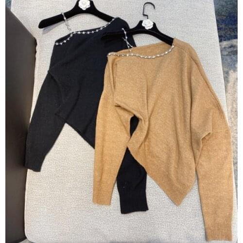 Sesy Off Shoulder Sweater for Women 2021 Spring New Korean Style Irregular Edge Slimming Rhinestone Sweaters Female Knitwear