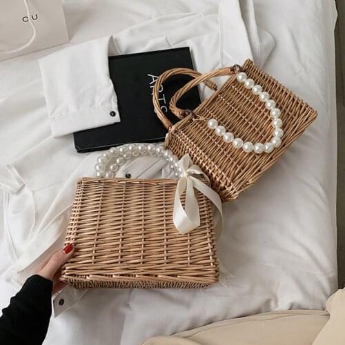 Vintage Women Pure Color Rattan Woven Tote Lunch Bags Casual Ladies Summer Beach Vacation Pearl Top-handle Small Basket Handbag