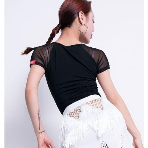 Black Short Sleeve Summer Female Adult Latin Dance Tops Mesh Sexy Slit Women Ballroom Costumes Practice Clothes Patchwork L1098