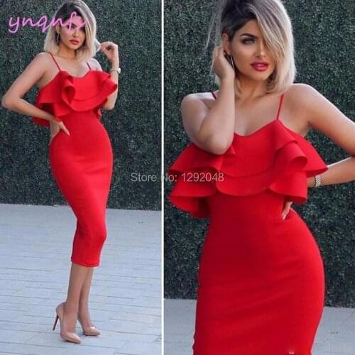 YNQNFS C18 Chic Satin Tea Length Sleeveless Ruffles Dress Party Red Robe Cocktail 2019