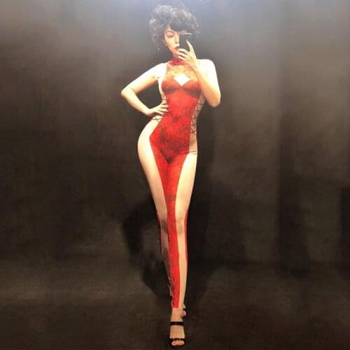 Jazz Stage Costume Sexy Women Red Jumpsuit DJ Rave Clothes Pole Dance Performance Clothing Nightclub Singers Bodysuit DNV10540