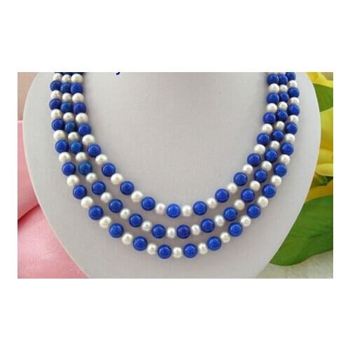 Free shipping stunning 3rows 8mm round white freshwater pearls blue lapis lazuli necklace