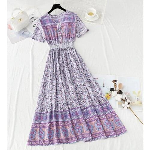 Cotton Linen Women Long Dress Summer Short Sleeve Elegant V-neck Ladies Purple Floral Print Dresses 2021 Vintage Ruffle Dress