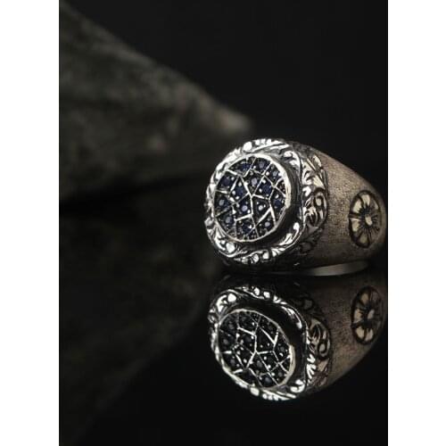 Dark Blue Zircon 925 Silver Engraved Traditional Handmade Turkish Signet Ring Jewelry Gift for Women Men