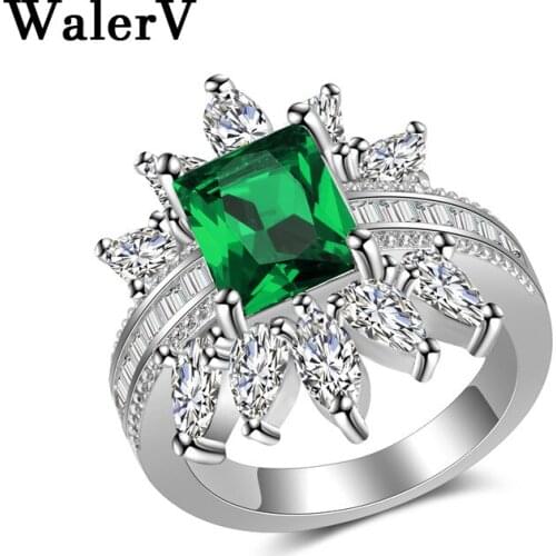 WalerV Ring for Womens Rings Fashion Jewelry Charm Luxury Green Crystal AAA Zircon Ring Flowered Shape Wedding Ring