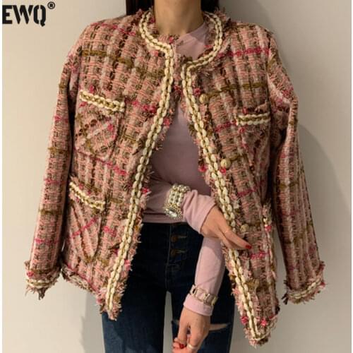 [EWQ] Korean Chic Autumn Round Neck Metal Single Breasted Loose Versatile Multi Pocket Long Sleeve Tweed Coat Women Tide 16E2566