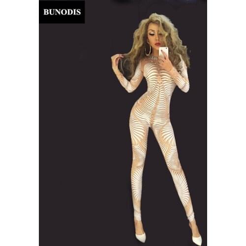 ZD007 White 3D Printed Jumpsuit Sparkling Crystals Bodysuit Nightclub DJ Dancer Singer Clothing Stage Wear Costume Bling Outfit