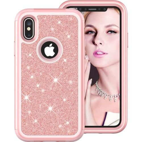 Glitter Fitted Case For iPhone X XR XS Max 6 6s 7 8 Plus Hard Phone Cover Red Pink Gold Protective Shell with Original logo Hole