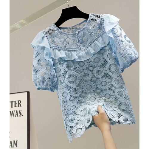 Ruffled Stitching Hollow Lace Blouse Women New Short Sleeve Shirt Summer Top Casual All-Matching Blusas Solid Color