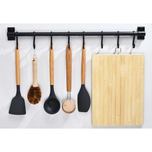 Black Kitchen Hook Rack Wall Mounted Pantry Tool Holder Kitchen Shelf Aluminum Pantry Bar for Kitchenware Utensil Storage Rack