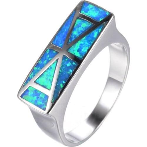 Silver Plated Blue Opalite Opal Rectangle Shape Finger Ring Double A For Party Gift Jewelry