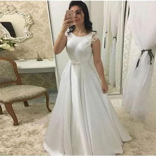 Backless Scoop Elegant Cap Sleeve A-Line Satin Sweep Train Applique Wedding Dress vestido de noiva Bridal Dress Wedding Gowns