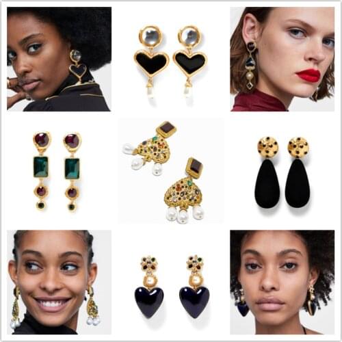 JURAN 2018 Ethnic Heart crystal dangle statement dangle earrings wedding Jewelry Vintage big black boho za earrings for women