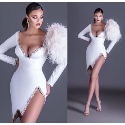 White Feather Cocktail Dresses 2020 With Feathers V Neck Logn Sleeves Plus Size Evening Special Occasion Wears Prom Club Gowns