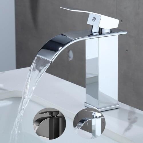 Square Chrome Bathroom Basin Faucet Waterfall Deck Mounted Cold Hot Water Mixer Tap Brass Chrome Vanity Vessel Sink Crane Mixer