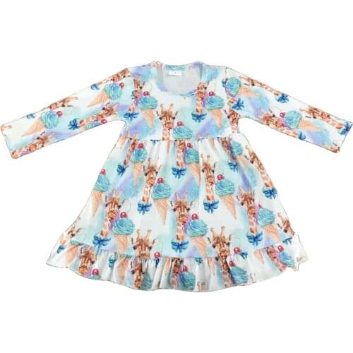 Hot Selling Blue Printing Boutique Pretty Long Sleeve Girl Twirl Dress Children Clothing Set