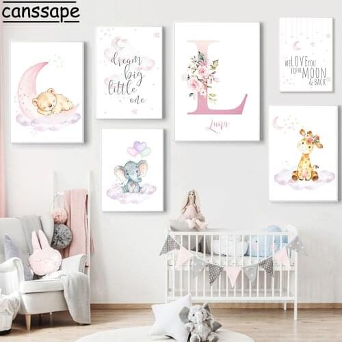 Elephant Giraffe Bear Art Poster Custom Name Print Cloud Moon Nursery Canvas Wall Art Painting Nordic Picture Baby Room Decor