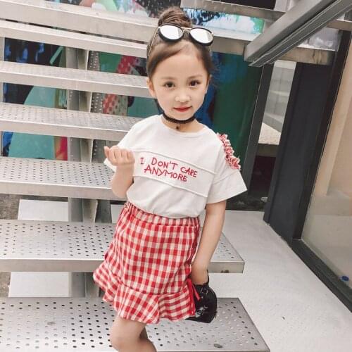 2018 new children girl summer clothes set shoulderless printed shirts+plaid skirts,girls kids 2pcs fashion caual clothing sets