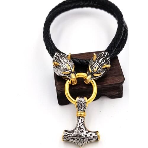 DROPSHIPPING Stainless Steel Viking Wolf Head Doubles Color Thors Hammer PENDANT Leather Chain Mens Necklace JEWELRY