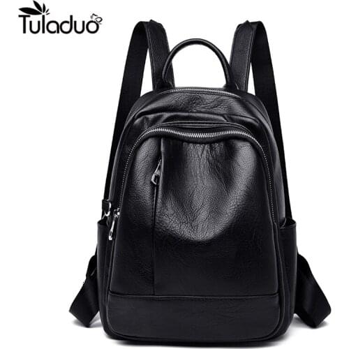 Fashion PU Leather Female Backpack Female Black Backpack Small Zipper Bag Student Girls Backpack Solid Color Soft Leather