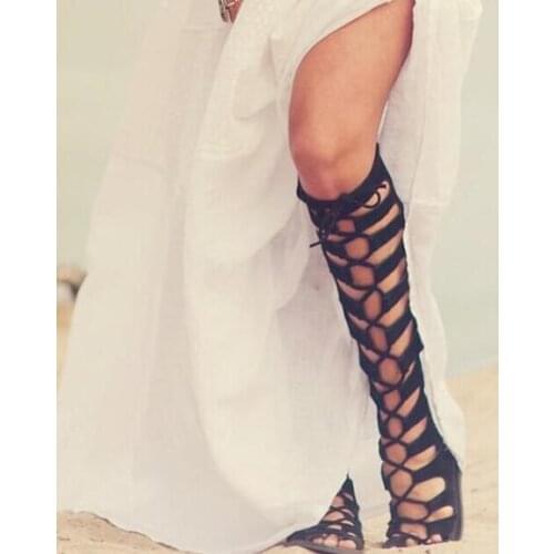 Fashion Gray Suede Leather Women Lace Up Boots Sexy Open Toe Ladies Gladiator Boots Zipper Back Female Summer Knee High Boots