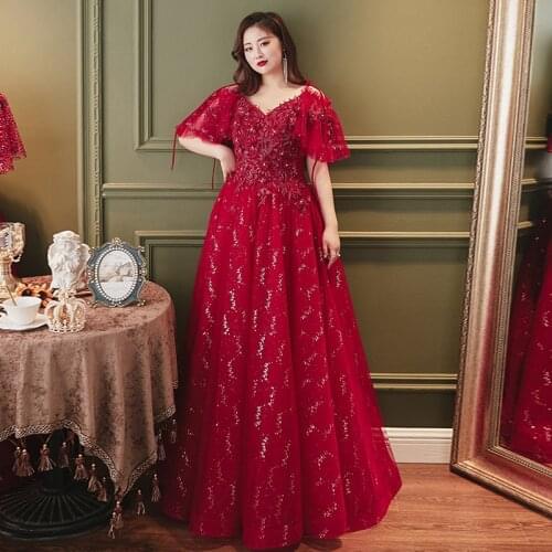 V-Neck Evening Dress Lace Up New Elegant Floor-Length Sequins A-Line Appliques Short Sleeves Plus Size Women Formal Gowns D883