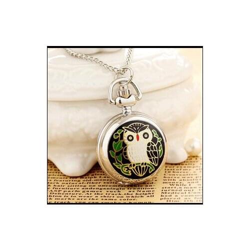 High Quality Vintage Classic New silver Colorful Enamel Owl Pocket Watch Necklace With Chain PYJ52