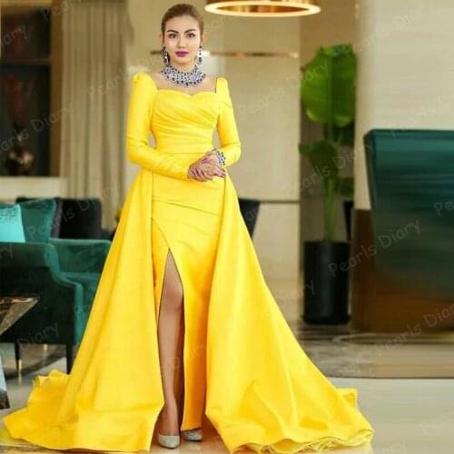 Yellow Dubai Design Evening Dresses Plus Size Muslim Middle East Party Gown 2021 Customized Prom Dress Formal Long Sleeve Gowns