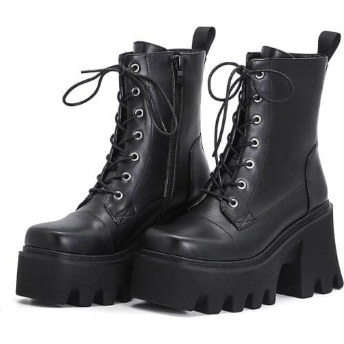 YMECHIC Non-slip Wear-resistant Sole Cross-tied Black High Platform Boots Women Fashion 2021 Short Motorcycle Ankle Botas Ladies