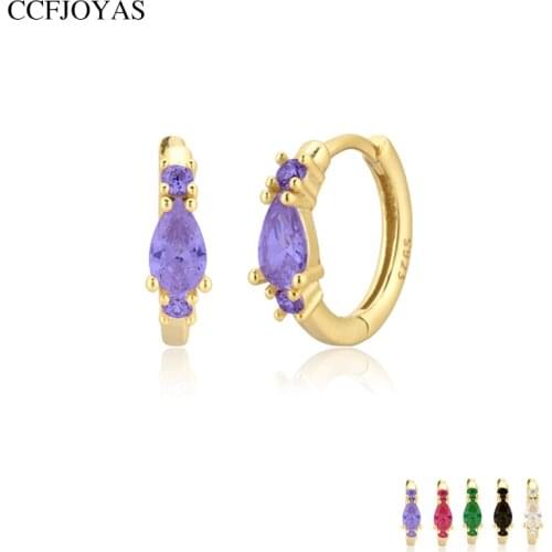 CCFJOYAS 925 Sterling Silver Korean Style Cute Mini White/Green/Purple/Black Color Water Drop Small Hoop Earrings for Women 2021