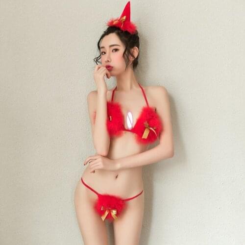 2020 New Christmas Cosplay Costumes Sexy rabbit Red Lingerie Furry Bra Thong Adorable Hot Erotic Girl Fishnet Bodysuit For Women