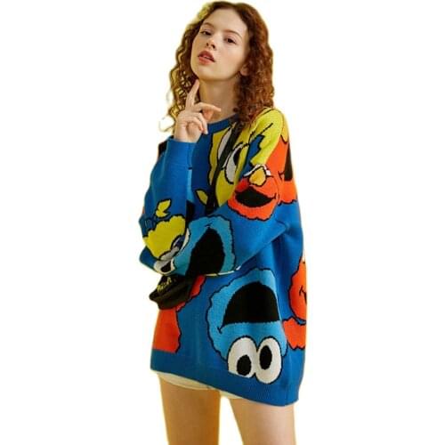 College Style Commuter Cute Cartoon Print Large Sweater Blue Round Neck Knitted Wool Womens Loose Street Jumper 2021 NEW ST064