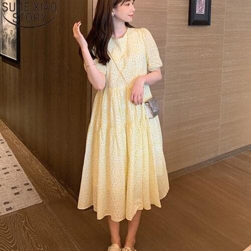 Summer Floral Dresses Women Plus Size Midi Long Dress Short Sleeve French Elegant Yellow Casual Party Loose Dress Vestidos 15498
